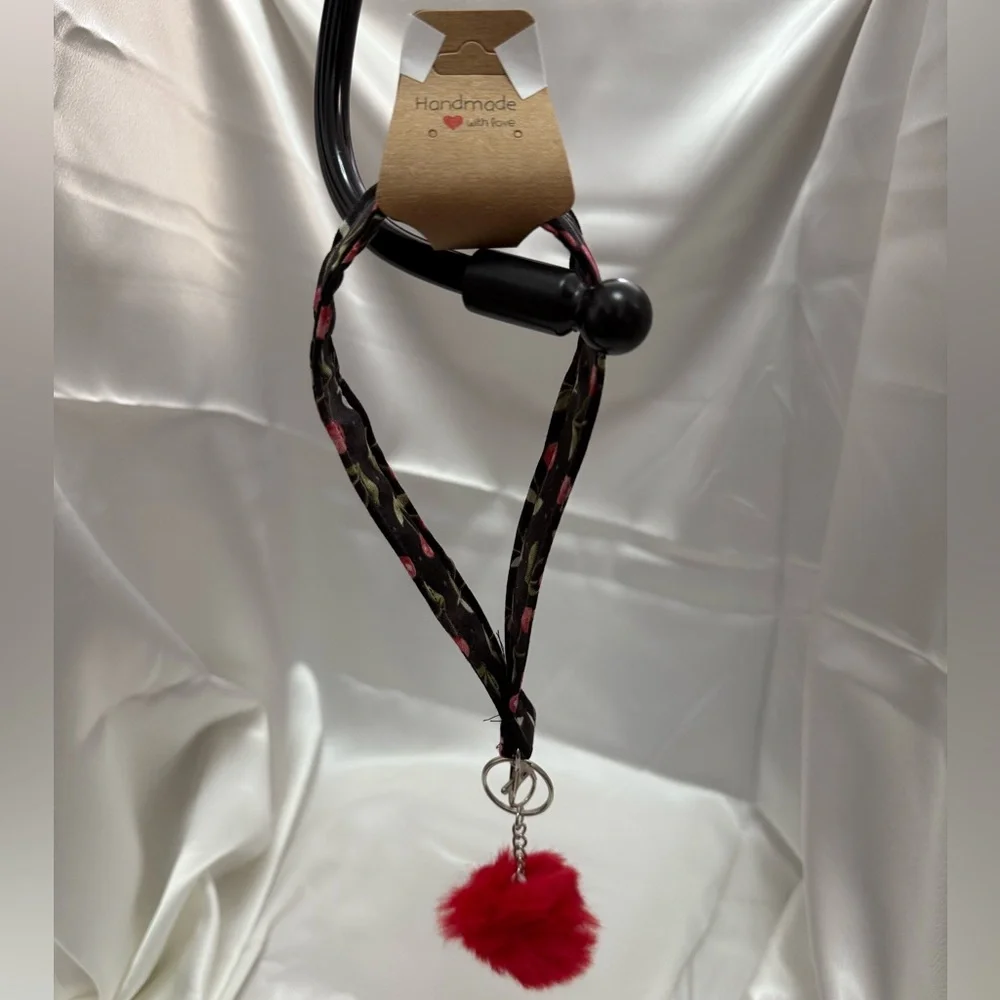 Handmade Cherry Wristlet Keychain with Red Pompom